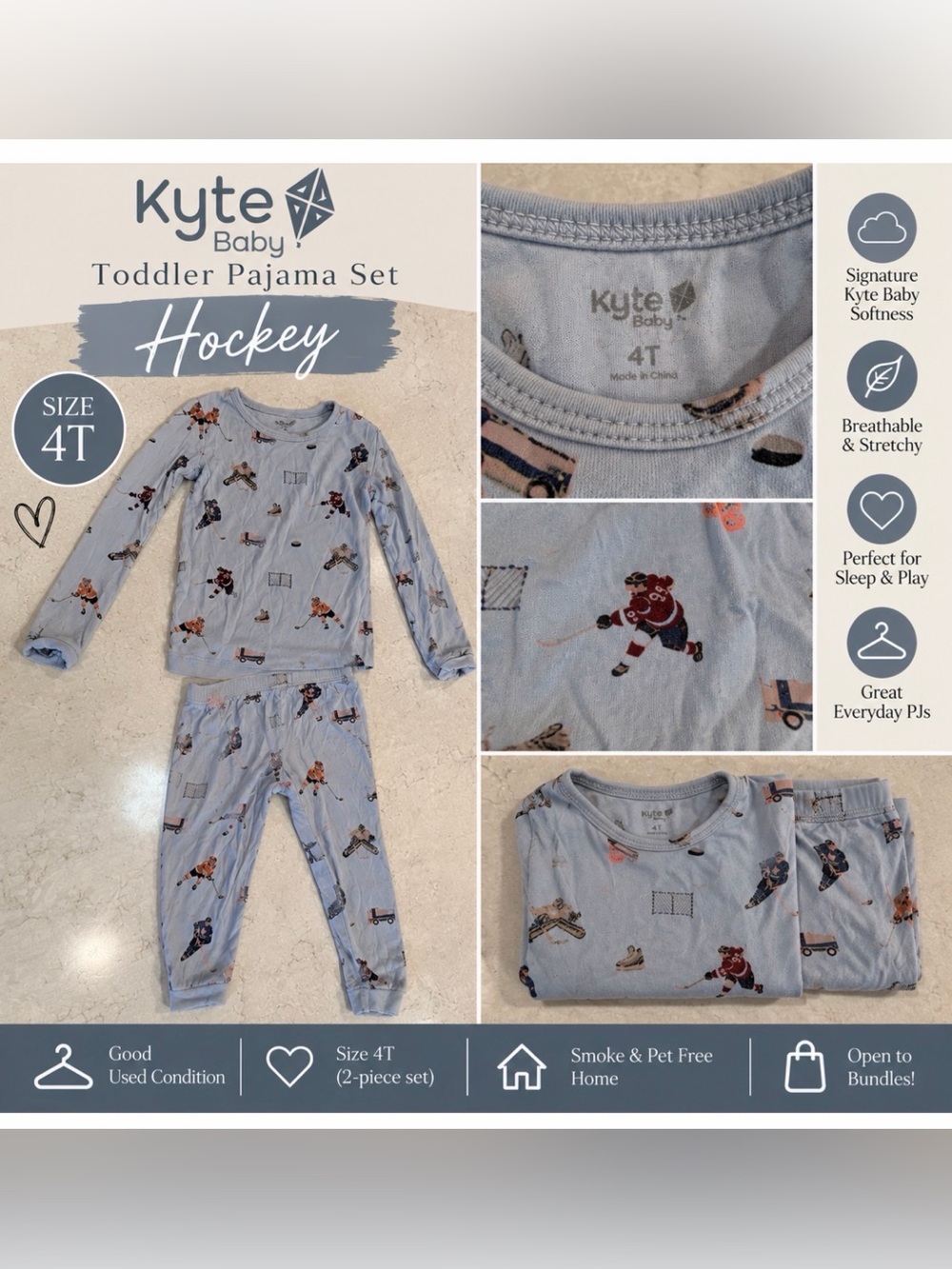 Kyte Baby Toddler Pajama Set – Hockey Print – Size 4T 🏒
